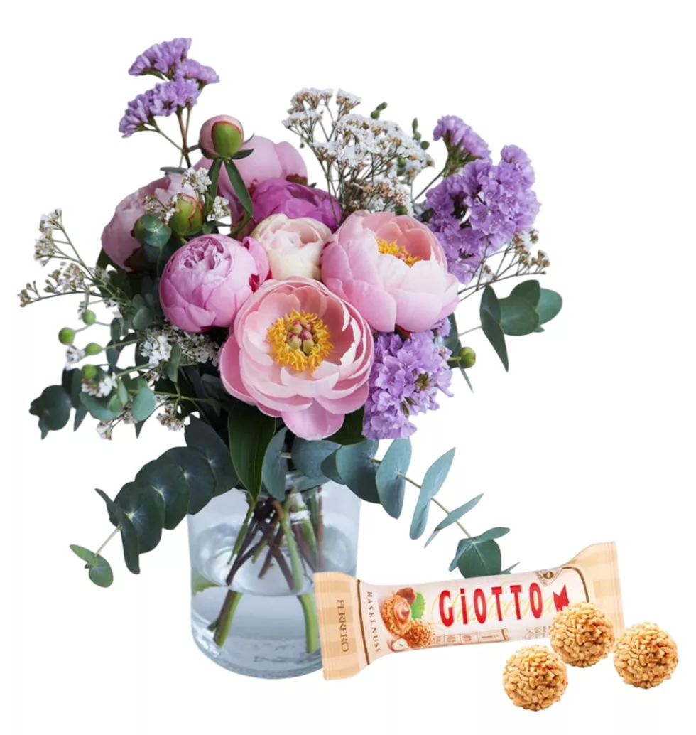 Charming Peony Bouquet with Chocolate