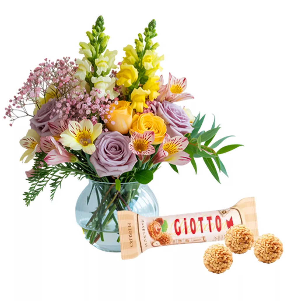 Cheerful Blossom Arrangement with Chocolate