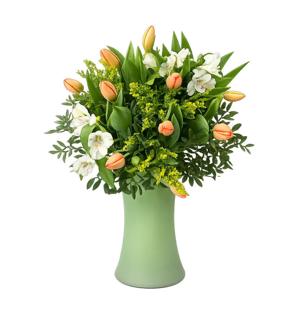 Vibrant Tulip and Alstroemeria Arrangement with Ferrero Giotto