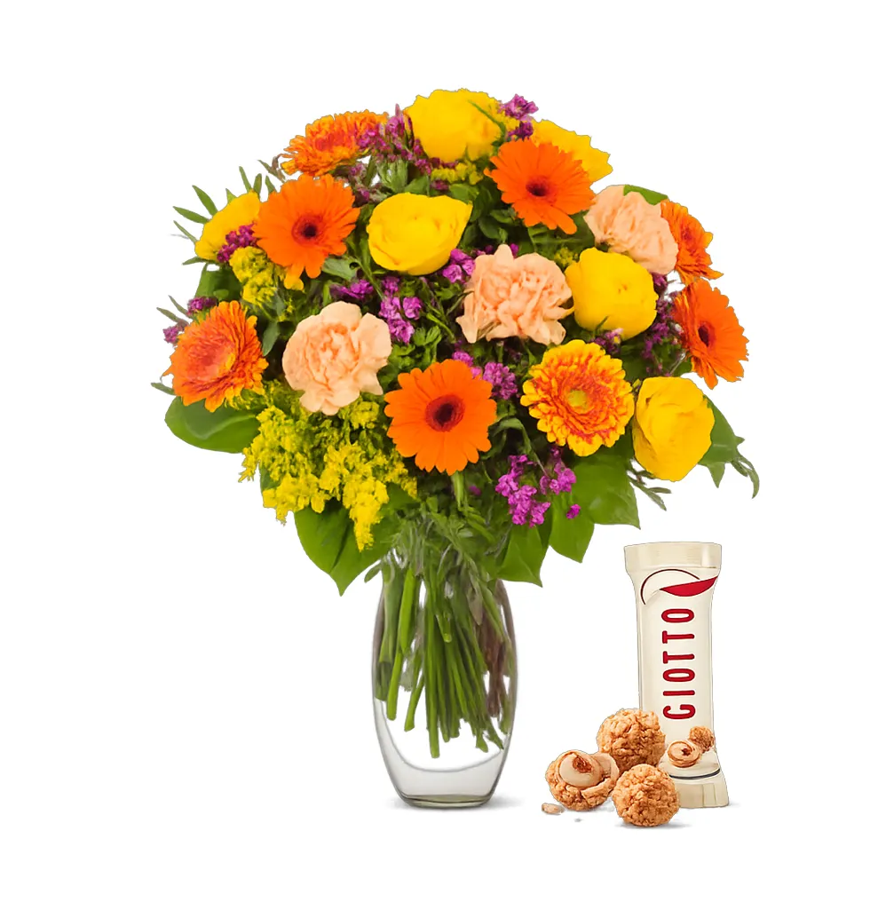 Sunny Spring Blooms in a Vase with Sweet Delights