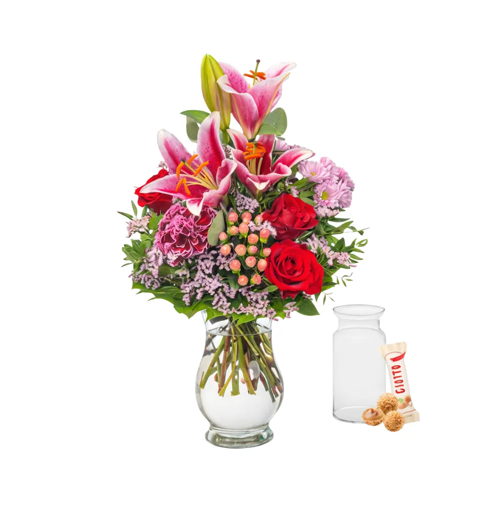 Elegant Pink & Red Floral Gift Set with Free Vase